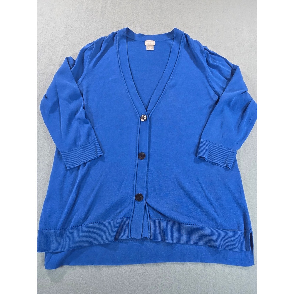 Chico's Cardigan Women Size 2 L Cobalt Blue V-Neck 3/4 Sleeve Button Front